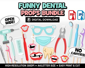 Printable Dentist Photo Booth Props, First Tooth Party Decor | Letter and A4 Digital File