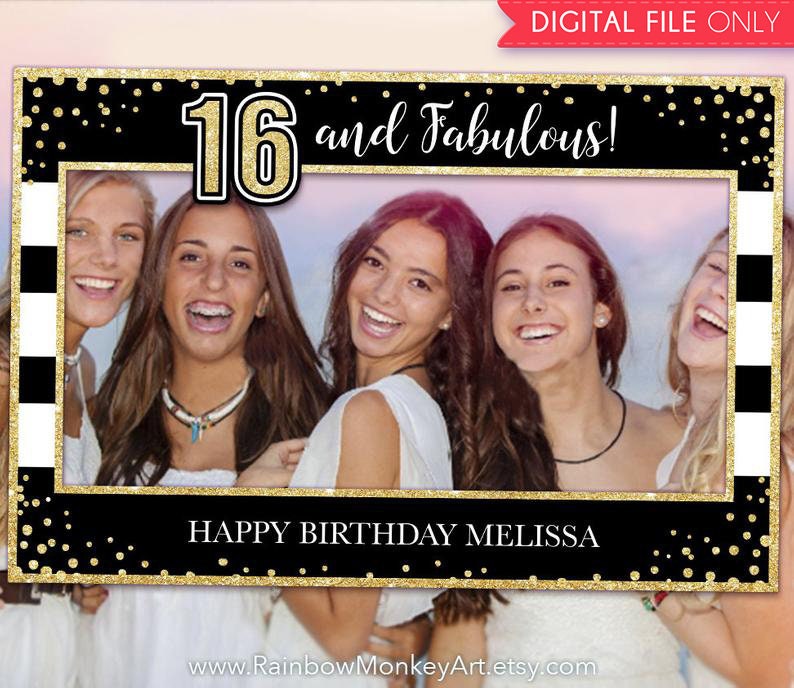 Sweet 16 Birthday Party Printable Sweet 16 Photo Booth Frame Black Gold Selfie Photo Booth Frame Gold Glitter Photo Prop Frame image 1