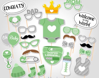 Zielone rekwizyty do fotobudki na baby shower: zestaw 25 elementów (do pobrania w wersji cyfrowej)