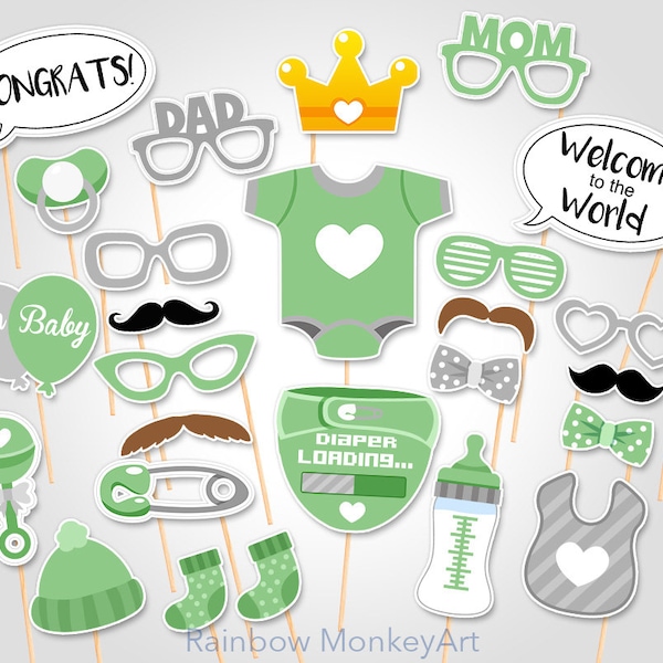 Green Baby Shower Photo Booth Props - Printable Baby Shower Photobooth Props - Gender Neutral Baby Photo Booth Props