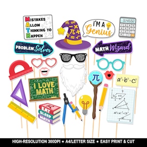 May include: A collection of math-themed photo booth props on sticks, including a chalkboard sign reading I LOVE MATH, a wizard hat, glasses, a white beard, a calculator, a pencil, a compass, a lightbulb, and various geometric shapes and formulas.