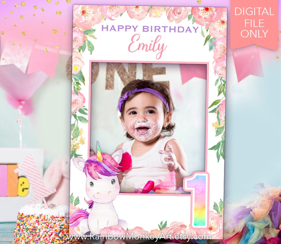 Unicorn 1st Birthday Photo Booth Frame: Pink Peony Floral (digital