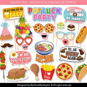 May include: A set of 16 printable photo booth props featuring food-themed illustrations and text. The props include a donut, a hot dog, a pizza, a chicken, a bowl of pho, a plate of fries, a taco, and more. The text on the props includes phrases like "I'm just here for the beer", "Potluck Party", "Donut Worry Be Happy", "I'm so Egg-cited", "Friends Pho-ever", and "So...We Meat Again".