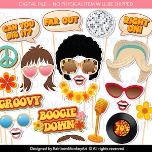 Printable 70s Photo Booth Props - 70&#39;s style Photobooth Props - 70s Printable Props - Retro Photo Booth Party Props - 70s Party Decor