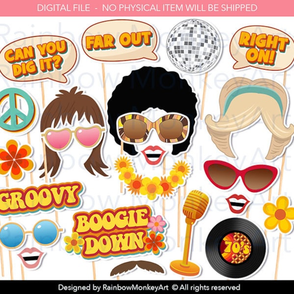 Printable 70s Photo Booth Props - 70's style Photobooth Props - 70s Printable Props - Retro Photo Booth Party Props - 70s Party Decor