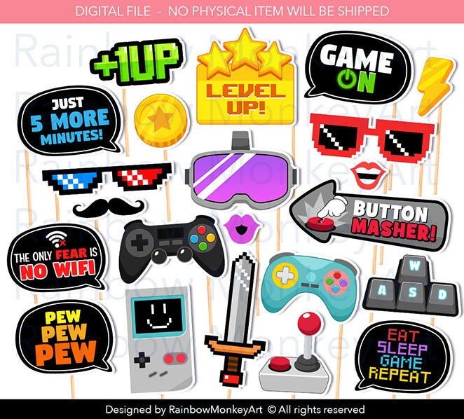 printable-gaming-party-photo-booth-props-video-game-photobooth-props-gaming-birthday-party-printable-props-video-game-party-props-etsy