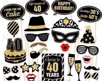 40th Birthday Photo Booth Props, Black Gold Party Set (Digital Download)