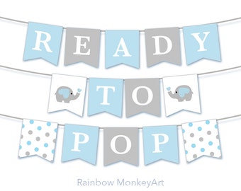 Ready To Pop Bunting Flags - Baby Shower Decoration Party Flags - Blue Baby Shower Decor - Baby Shower Bunting - Baby Shower Banner
