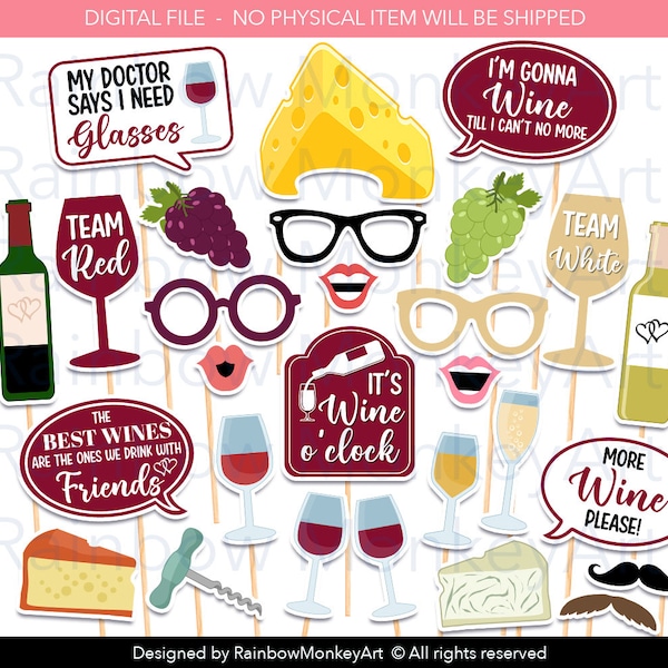 Wine and Cheese Photo Booth Props - Wine and Cheese Party Photobooth Props - Wine Tasting Party Photo Booth Props - Cheese Party Props