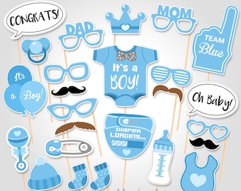 Baby Shower Photo Booth Props: Team Blue, 25 Piece Set (Digital Download)