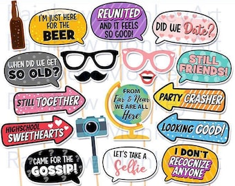 May include: A collection of colorful photo booth props including speech bubbles with text like I'M JUST HERE FOR THE BEER, REUNITED AND IT FEELS SO GOOD, DID WE DATE, STILL FRIENDS, PARTY CRASHER, and HIGHSCHOOL SWEETHEARTS, plus glasses, a mustache, and a globe.