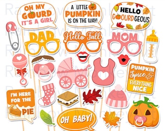 Rekwizyty do fotobudki na jesienne baby shower: zestaw 25 elementów do druku (do pobrania w wersji cyfrowej)