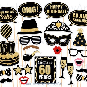 60th Birthday Photo Booth Props: Black and Gold Party Decorations (PDF)