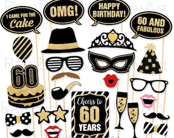 60th Birthday Photo Booth Props: Black and Gold Party Decorations (PDF)