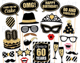 Printable Birthday Prop - 60th Birthday Party Printable Photo Booth Props - Black and Gold Props - Fabulous 60 Birthday Photobooth Props