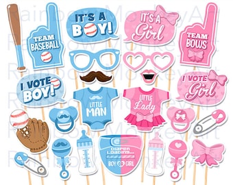 Printable Gender Reveal Baby Shower Photo Props  - Baseball or Bows Baby Shower Printable Photobooth Props - Little Man or Little Lady Props