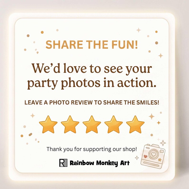 The image is a promotional sign for Rainbow Monkey Art, encouraging people to share their party photos in action by leaving a photo review.