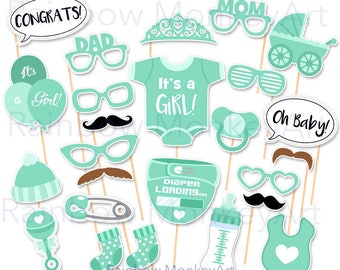 Mint Baby Shower Photo Booth Props: 25 Piece Set (Digital Download)