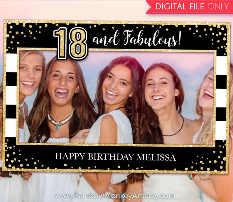 Black Gold Glitter Photo Booth Frame 18th Birthday Party Printable Birthday Photo Booth Frame Gold Confetti Photo Prop Frame