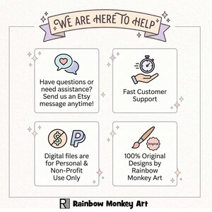 The image is a graphic design featuring a banner with the text "We are here to help" and four icons representing different types of assistance or support.