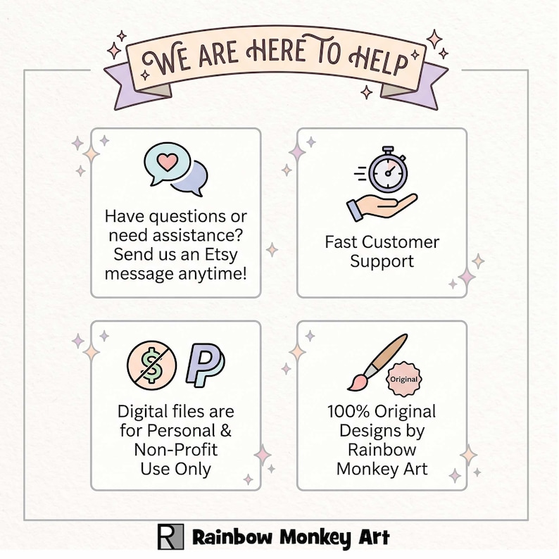 The image is a graphic design featuring a banner with the text "We are here to help" and four icons representing different types of assistance or support.