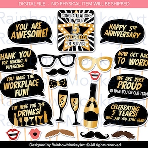 Work Anniversary Photo Booth Props: Black & Gold Party Decorations (Printable)