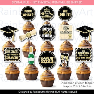Printable Graduation Cupcake Toppers - Black and Gold Graduation Cupcake Toppers - Grad Cupcake Toppers - Class of 2023 Cupcake Topper