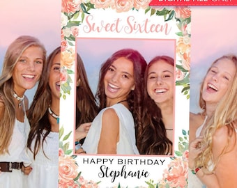 Sweet 16 Birthday Printable Sweet 16 Photo Booth Frame - Peach Floral Selfie Photo Booth Frame - Peach Sweet Sixteen Photo Prop Frame