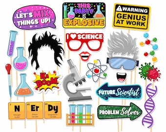 May include: A collection of science-themed photo booth props featuring colourful cutouts of laboratory equipment, including beakers, test tubes, a microscope, and an atom model. Includes signs with text like LET'S MIX THINGS UP, THIS PARTY IS EXPLOSIVE, WARNING GENIUS AT WORK, I LOVE SCIENCE, FUTURE SCIENTIST, and PROBLEM SOLVER.