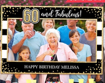 60th Birthday Photo Booth Frame: Black Gold Glitter (Digital Download)