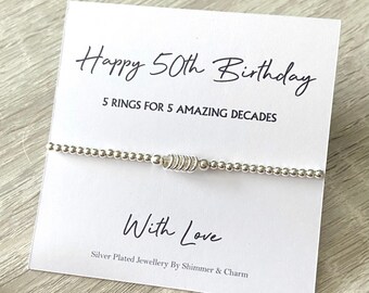 50th Birthday Gift, Silver Bead Bracelet, Silver Stretch Stacking Bracelet, 50th Birthday Gift For Her, Women, 50th Jewellery