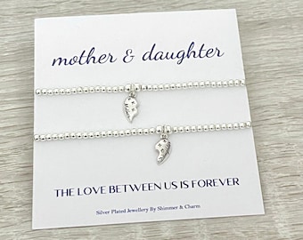 Mother And Daughter Charm Bracelets Set, Silver Stretch Bead Bracelet, Mother’s Day Gift, Mum Mom Birthday Gift, Gifts For Her