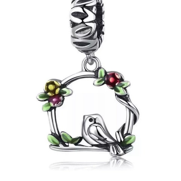 Floral Bird Charm Spring Flowers And Bird Pendant Genuine 925 Sterling Silver Fits European Bracelets