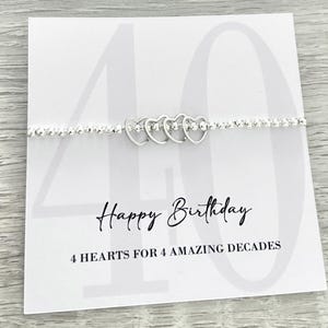 40e verjaardagscadeau, zilveren kraal stretch stapelarmband, 40e verjaardagscadeau voor haar, vrouwen, 40e sieraden, 4 harten
