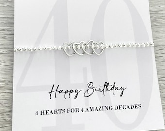40e verjaardagscadeau, zilveren kraal stretch stapelarmband, 40e verjaardagscadeau voor haar, vrouwen, 40e sieraden, 4 harten