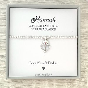 Afstudeerbedelarmband, afstudeercadeau voor haar, meisjes, gefeliciteerd sterlingzilveren kraal stretch stapelarmband, gepersonaliseerd cadeau