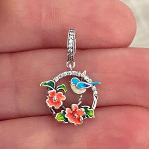 Pingente de pássaro floral com pingente de flores e pássaros da primavera, pingente de pássaro em prata esterlina 925