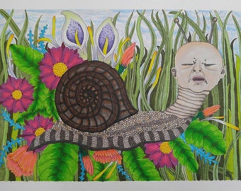 Limited Edition 11x15 signed numbered prints of "Slitherin" Snail Floral Art