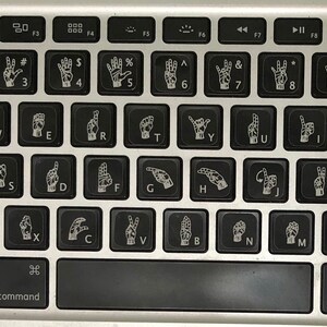QBCC #8000|| 38 ASL Keyboard Stickers - Black with Hand Sign Image in White - Learn Sign Language - Sign Language Keyboard - Made in USA!