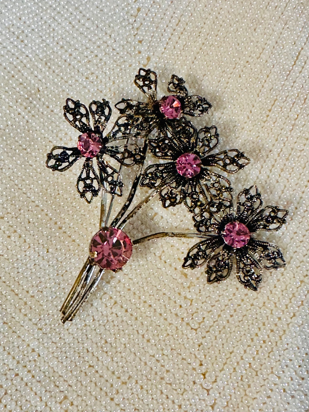 Antique Pink Rhinestone Flower Brooch Antiqued Filagree Etsy