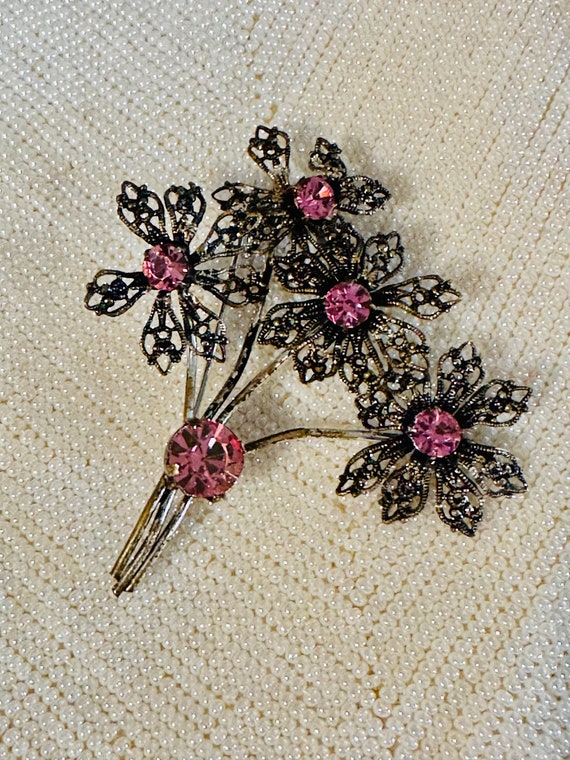 Antique Pink Rhinestone Flower Brooch - Antiqued … - image 1