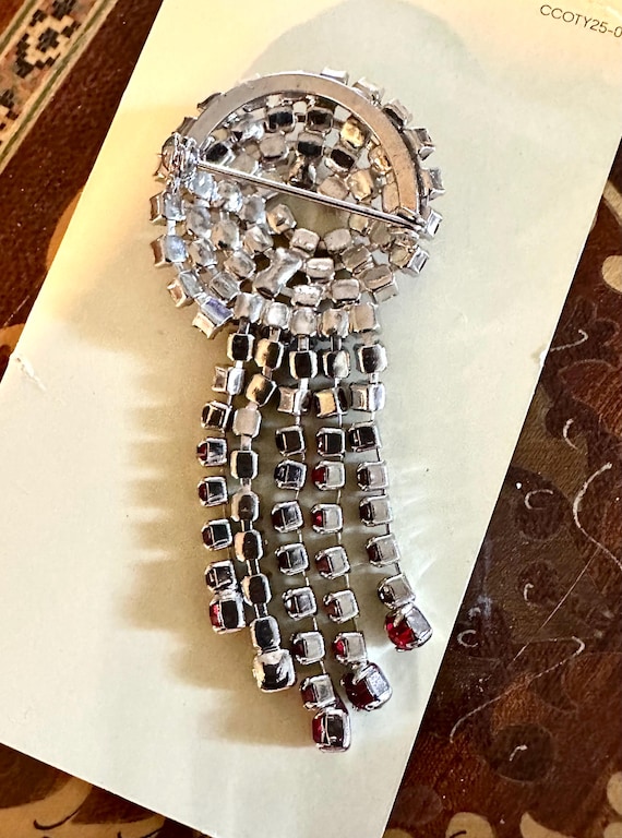 Unique Vintage Ruby Red Rhinestone Dangle Brooch - image 5