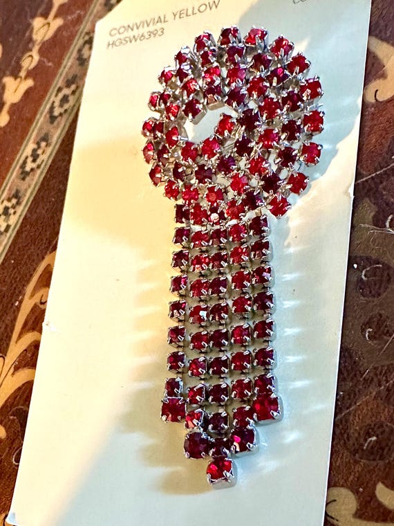 Unique Vintage Ruby Red Rhinestone Dangle Brooch - image 3