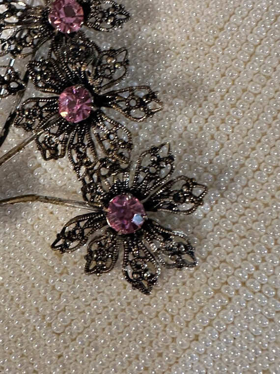 Antique Pink Rhinestone Flower Brooch - Antiqued … - image 9