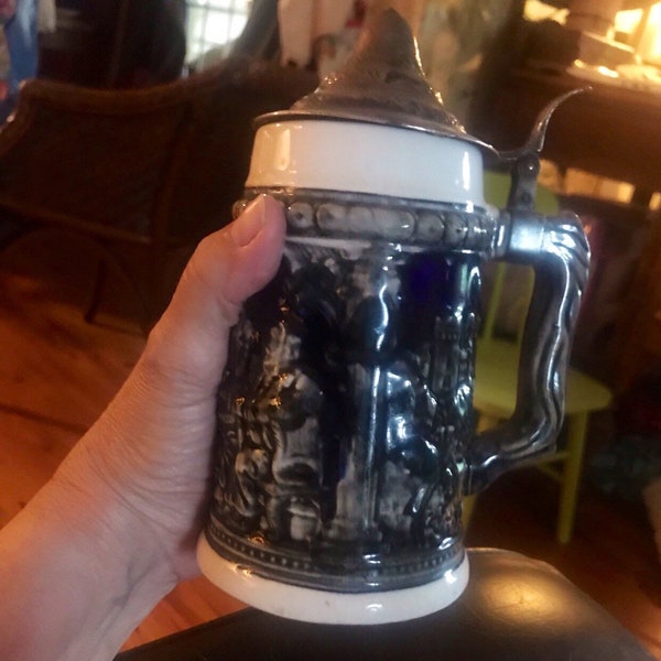 Vintage Cobalt Blue Japan Beer Stein with Pewter Lid