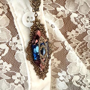 Art Nouveau Lavalier Pendant Necklace - Blue and Amethyst Rhinestones