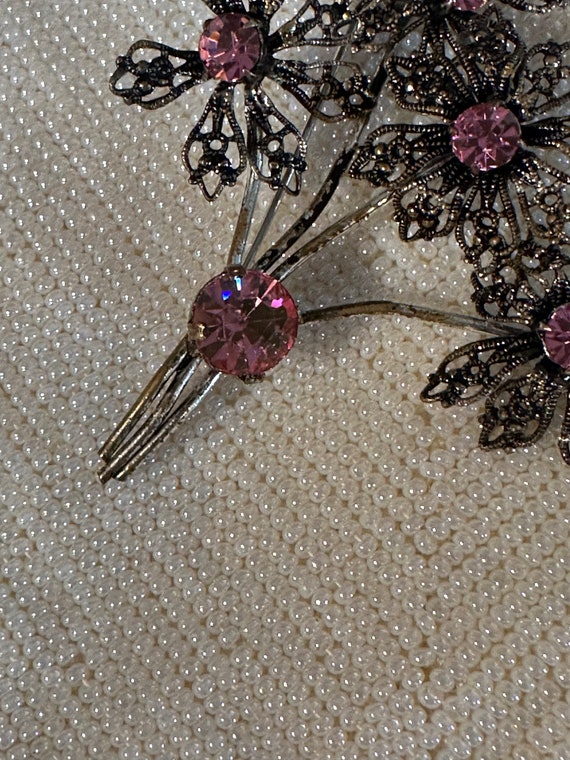 Antique Pink Rhinestone Flower Brooch - Antiqued … - image 8