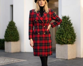 Vintage J G Hook Ladies Scottish Plaid Long Blazer Coat - Size 6 Petite