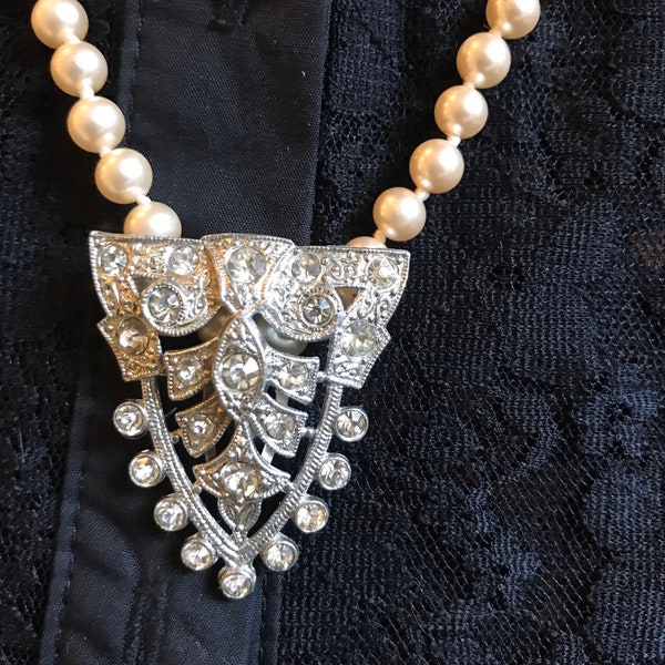 Hand Knotted Pearls with Rhinestone Dress Clip