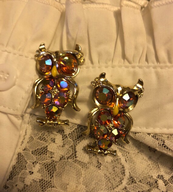 Pair of Aurora Borealis Rhinestone Owl Pins - Owl… - image 1